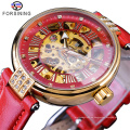 Forsining 188 Golden Skeleton Diamond Watch Design Banda de cuero genuino rojo Relojes mecánicos impermeables para mujer